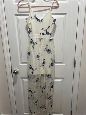 Ivory Maxi Dress with Blue Floral Appliqué